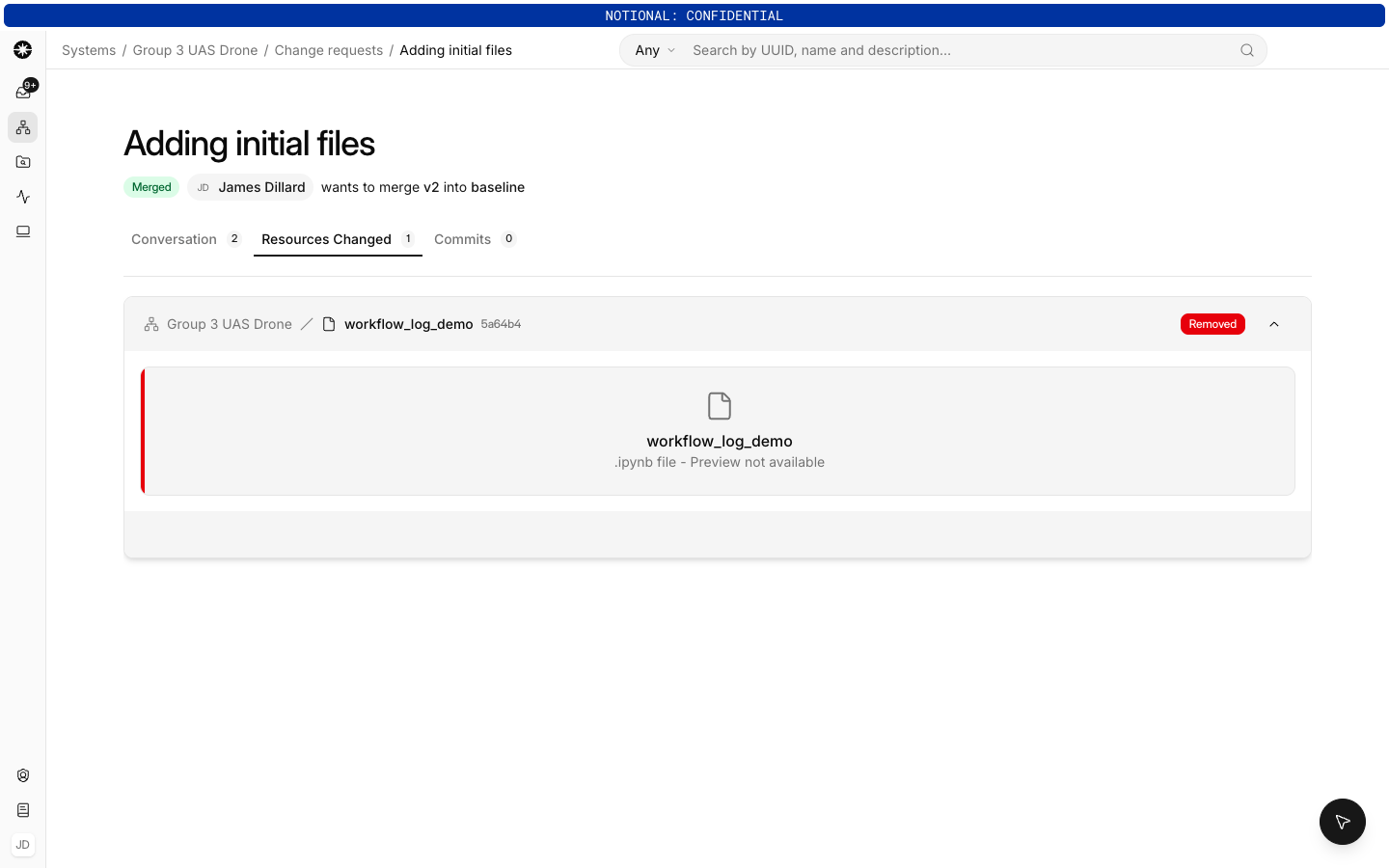 A change request's Resources Changed tab, with a folder breadcrumb and change tag on each entry