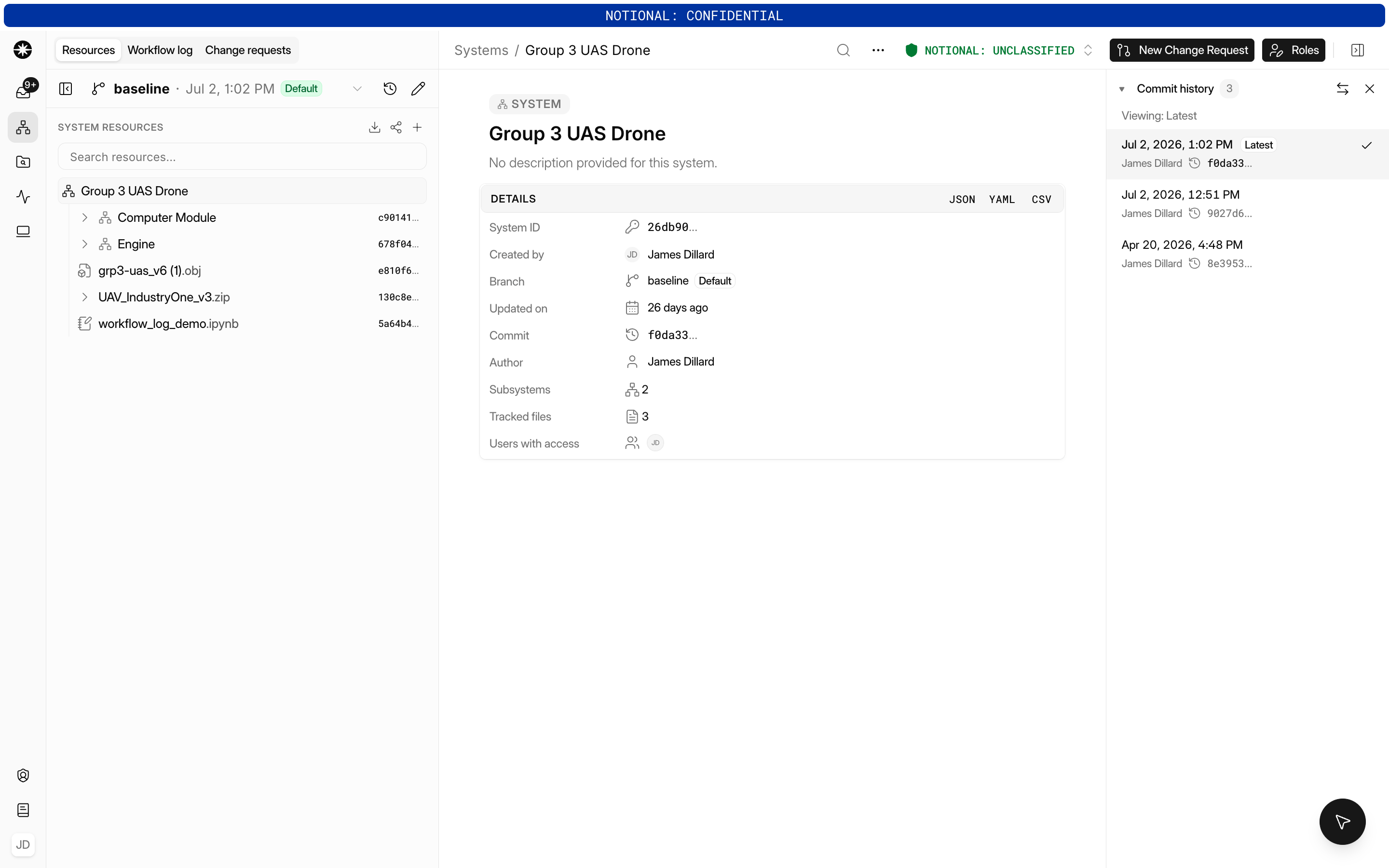 The system page with the Commit history panel on the right, listing a branch's commits newest first