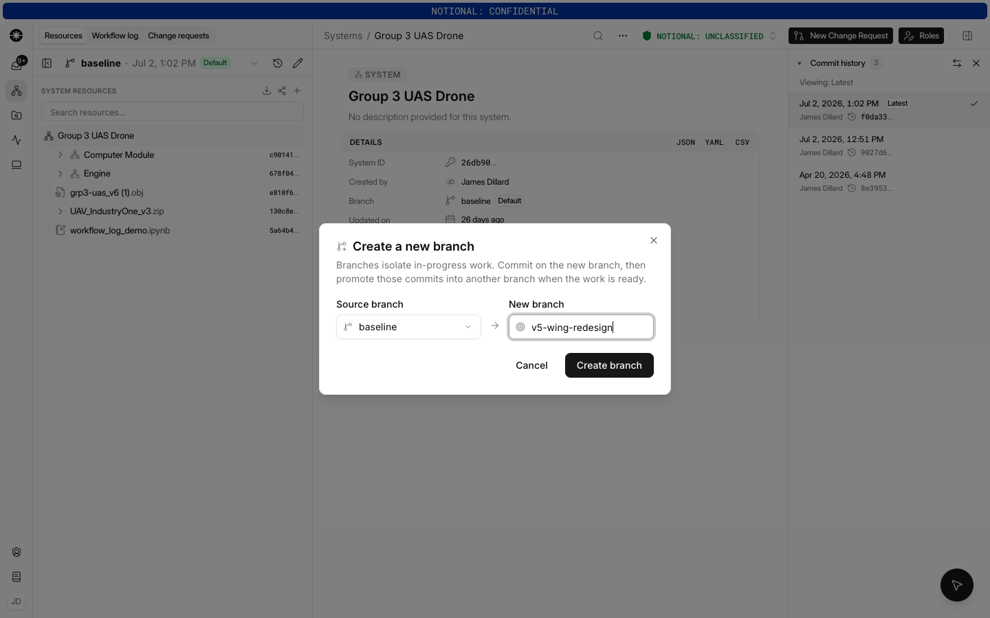 The Create a new branch dialog, with baseline as the source branch