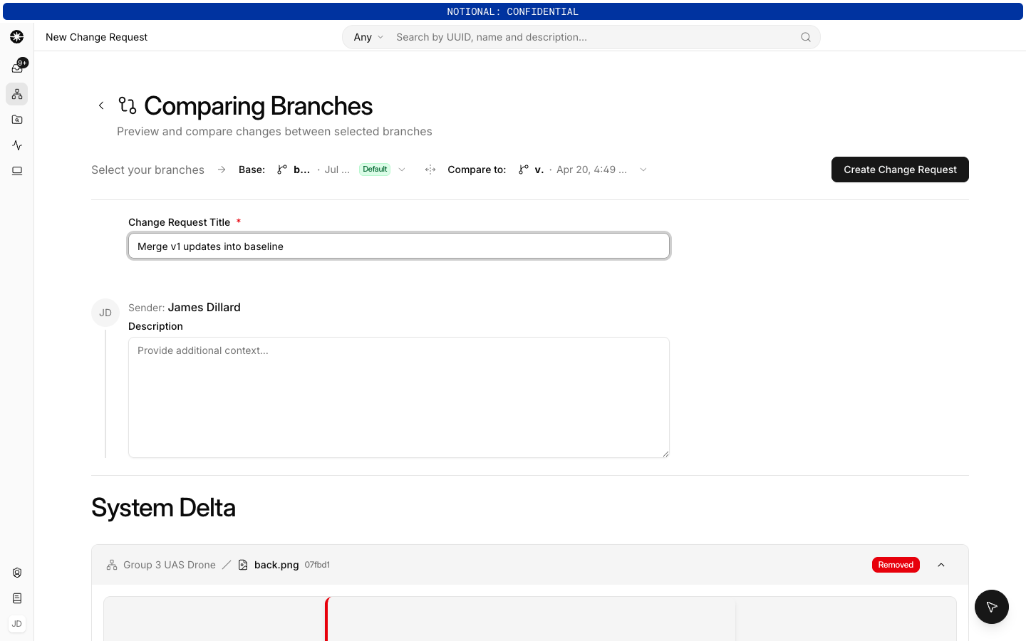 The Comparing Branches screen, with base and compare-to branches selected and the System Delta below